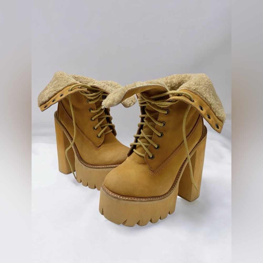 Jeffrey Campbell Tan In Charge Nubuck Leather Shearling Wood Platform Boots - Picture 11 of 15